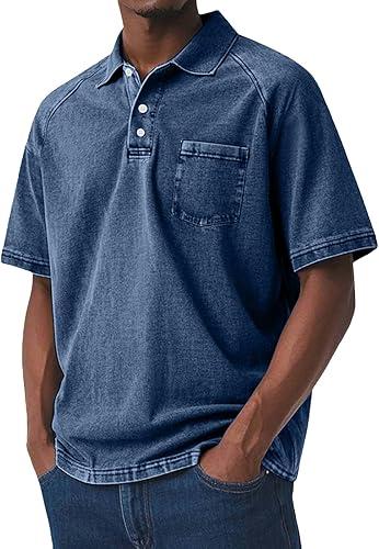 Men's Vintage Washed Golf Polo, Raglan Short Sleeve Distressed Style, Solid Retro Tee for Summer Casual Wear