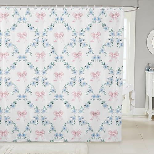 Erosebridal Pink Kawaii Ribbon Bow 72" Wx72 L Shower Curtain for Kids Girls Teen Adults,Blue Flowers Plaid Bowknot Bath Curtain Cute Girly Bow Bathroom Curtains Plant Floral Leaves Bathtub Curtains