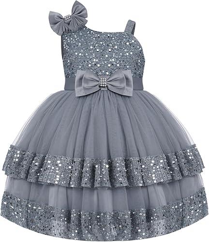 OBEEII Birthday Dress for Toddler Girl Sequins Pageant Tulle Tutu Dress Bowknot Princess Baptism Wedding Flower Girl Gown