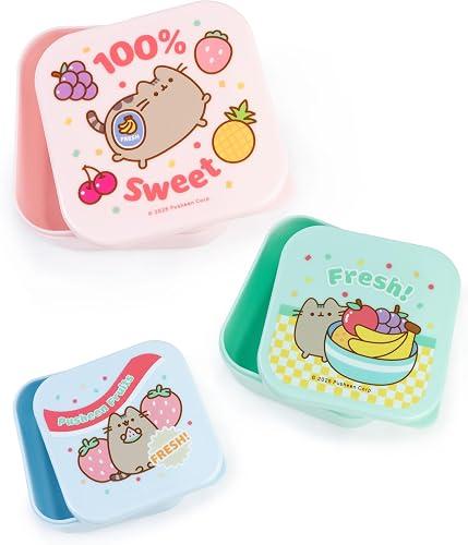Pusheen the Cat Snack Pot Set in Light Blue, Pink & Mint Green | 3 Piece Stacking Container Set | Cartoon Fresh Fruits Design