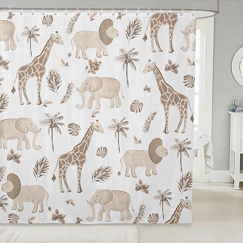 Feelyou Safari Animal Shower Curtain Kids Boys Elephant Lion Giraffe Bathroom Waterproof Accessories with 12 Hooks 72x72 Inches Hunter Brown Rust Wildlife Room Decor