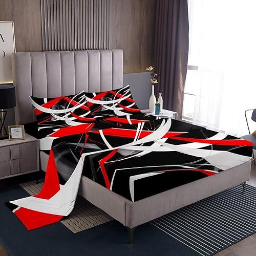 Feelyou Red Gray Black Sheets Set Full Size, Kids Geometrics Bed Sheets Set Boys Girls Stripes Lines Sheets with Deep Pocket Fitted Sheet Abstract Bedding Set with 2 Pillow Case