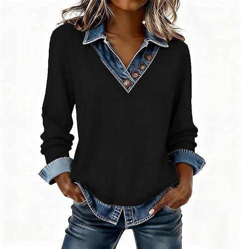 Oplxuo Women's Long Sleeve Shirts with Denim Collar Cuffs Buttons Decor V-Neck Tops Dressy Casual Office Outfits