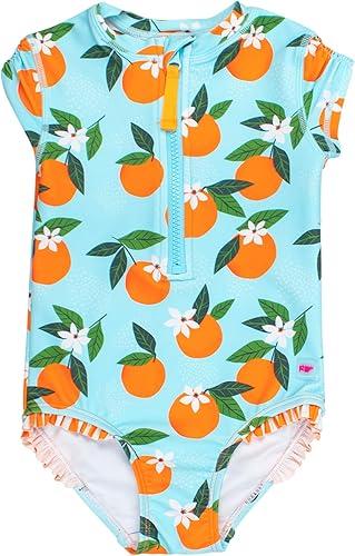 RuffleButts Girls UPF50+ Sun Protection Front Zipper Short Sleeve Rash Guard One Piece Swimsuit