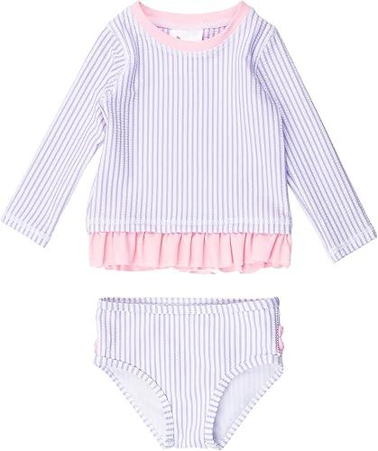 RuffleButts Baby/Toddler Girls Seersucker Long Sleeve Rash Guard Bikini