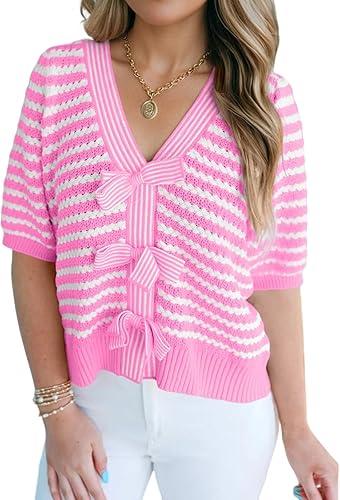 whoinshop Women's Striped Sweater Short Sleeve Cute Bow V Neck Soft Knit Tops 2026 Spring Summer Dressy Blouses