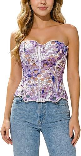 Corset Tops for Women Lace Up Overbust Bustier Sexy Floral Lace Waist Cincher Going Out Club Party Y2K Tops