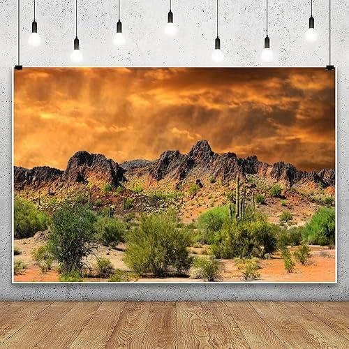 Laeacco 7x5ft Dusk Desolate Desert Backdrop Weathered Mountains Scenic Backdrop Natural Scenery Sunset Glow Cactuses Wedding Photo Studio Stage Perfomance Prop Hiking Camping Pictures Background