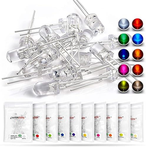 CHANZON 100pcs 5mm LED Diode Lights Assortment 10 Colors x 10pcs Diodes (Clear Transparent Lens) Emitting Lighting Bulb Lamp Assorted Kit Variety Color White Red Yellow Green Blue Orange UV Pink