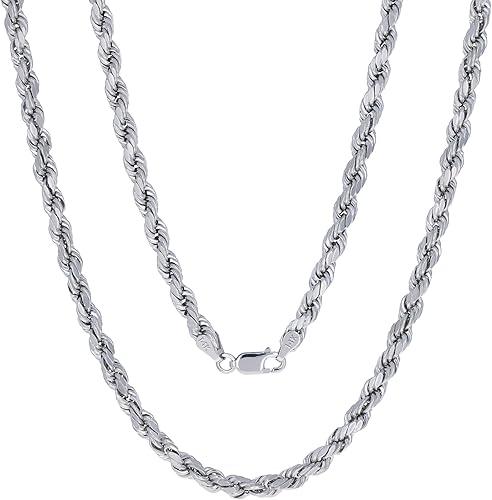 Nuragold 14K Real White Gold 4mm Solid Rope Chain Diamond Cut Necklace (18"-30") Italian Jewelry for Men