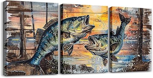 Feelyou 3-Piece Bass Fish Framed Canvas Wall Art for Living Room, Bedroom, Office; Fishing & Hunting Wall Decor; Set of 3; 12" x 16" Each; Picture Kids Boys Girls Artwork Posters Painting