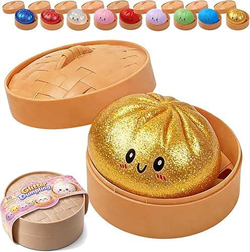 Dumpling Squishy, 2026 New Colorful Glitter Dumplings Squishies with Box, Soft Sensory Squeeze Toys for Stress Relief (Gold)