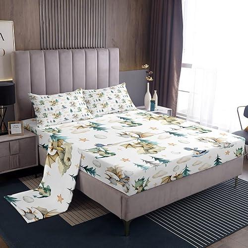 Feelyou Cute Dragon Bed Sheets Set Twin Size Baby Dragon Deep Pocket Fitted Sheet Kawai Cloudy Bedding Sets Tree Botanical Soft Bed Set 3Pcs with 1 Pillow Cases Light Blue White