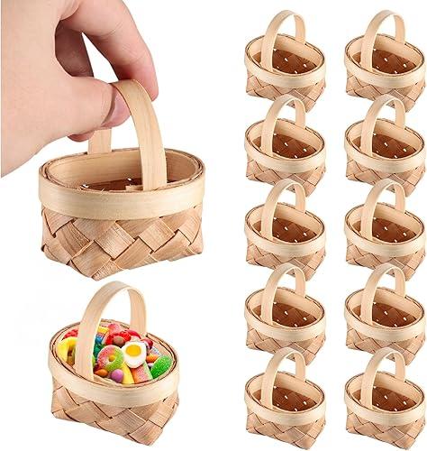 24Pcs Mini Woven Baskets, 2.7x2.4x2.0in Miniature Wooden Easter Candy Present Handbasket, Tiny Decorative Picnic Baskets with Handle for Christmas, Easter, Wedding Party, Crafts Decorations
