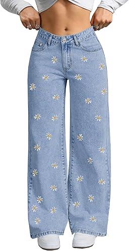 Mid Rise Straight Leg Jeans for Women, Flower Embroidered Trendy&Cute Womens Denim Pants