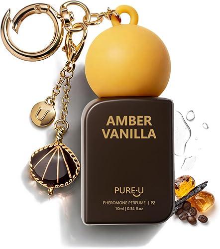 PUREU Amber Vanilla Pheromone Perfume Oil for Women, Long Lasting Extrait de Parfum Roll On with Clip-on Keychain, Alcohol Free Portable Travel Size Fragrance for Date Night & On-the-Go, 0.34 Fl OZ