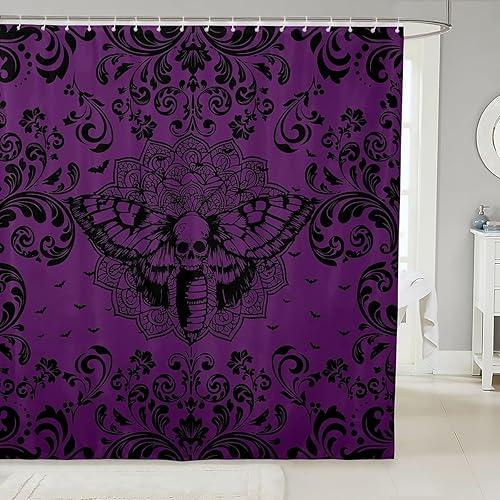 Erosebridal Halloween Moth Pattern Bathroom Accessories Purple Black Gothic Shower Curtain Goth Boho Damask Floral Bathroom Curtain for Kids Adults 72" Wx72 L Halloween Animal Print Shower Decor