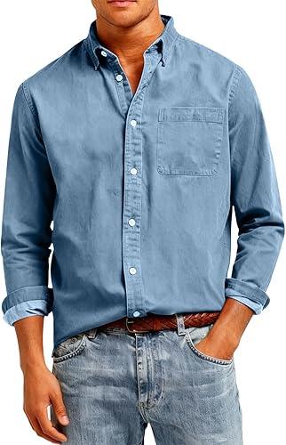 Mens Cotton Shirt Long Sleeve Button Down Casual Blouses Jacket Plus Size Tops Classic Shacket Tshirt, S-5XL