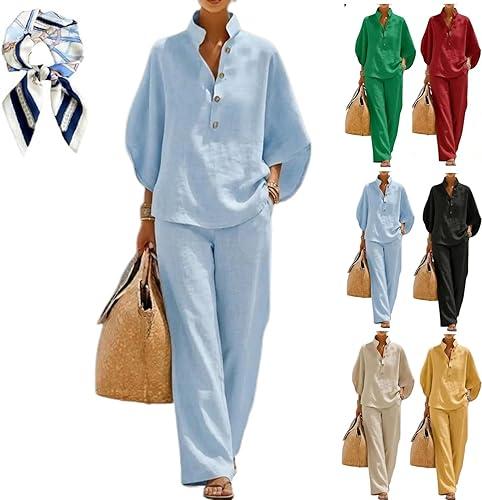 2026 New Women’S Batwing Sleeve Linen Cotton Two-Piece Set – Casual Shirt & Wide Leg Pants Outfit