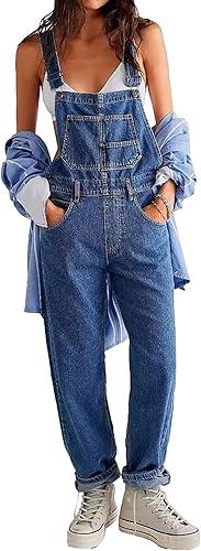 Womens Overalls Denim Bib Overalls Barrel Leg Adjustable Strap Jean Pants Jumpsuits with Pockets 2025 Trendy