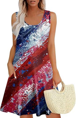 Patriotic Vintage Dress for Women Sleeveless T Shirt Dresses Floral Summer Beach Trendy Short Dress with Pockets,