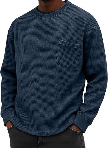 Men's Waffle Knit Long Sleeve Pullover Casual Crewneck Sweater with Chest Pocket Basic Loose Fit