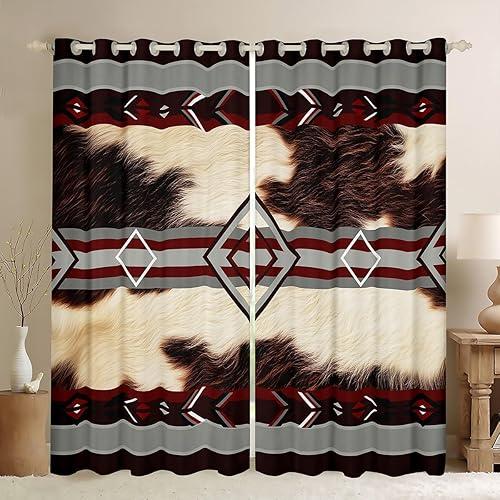 Feelyou Cowhide Curtains for Bedroom Living Room Western Farm Animal Skin Blackout Darkening Drapes Cow Fur Print Window Treatments, 2 Panels 42 x 63 Inch Farmhouse Room Decor Beige Grey Red