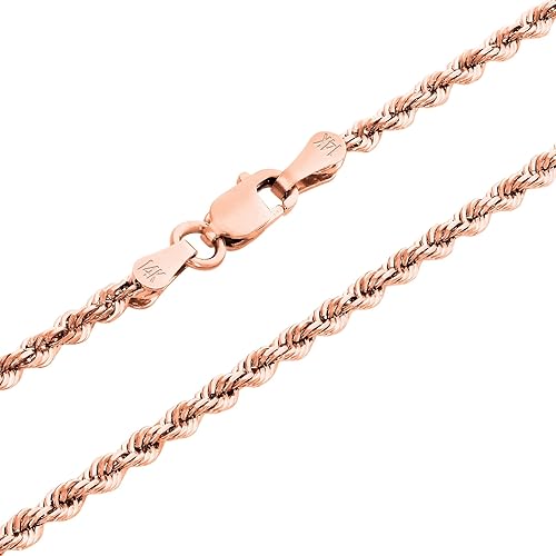 Nuragold 14k Real Rose Gold 1.8mm Rope Chain Diamond Cut Necklace (16"-30") Italian Jewelry for Men & Women