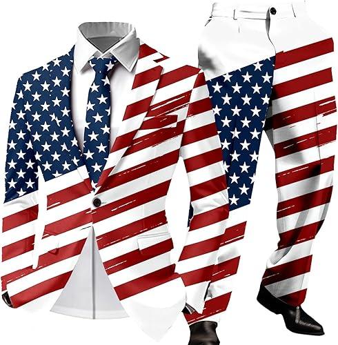 Men’s American Flag Suit 4th of July Outfits Slim Fit 2 Piece Suits One Button Blazer Jacket Sets for Party Wedding Business