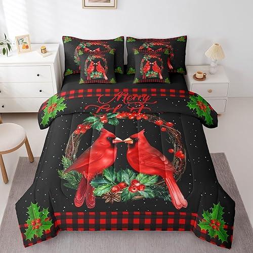 Northern Cardinal Comforter Set Full Size 7Pieces,Christmas Bed in a Bag,Red Berry Holly Leaves Christmas Decor Bedding for Kids Teens Adult,1 Quilted Duvet,1 Fitted Sheet,1 Flat Sheet,4 Pillowcases