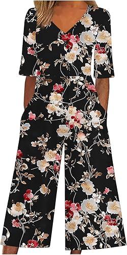 FZYLQY Women's Boho Floral Capris Jumpsuits Fashion V-Neck Short Sleeves Loose Comfy Rompers Wide Leg Pants with Pockets