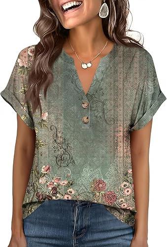 Womens Spring Summer Short Sleeve Henley Shirts Trendy Button Down V Neck Tops Casual Dressy Graphic Basic Blouses
