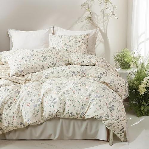 EAVD Chic Garden Floral Duvet Cover Full Beige Soft 100% Cotton Cute Colorful Floral Aesthetic Bedding Set with 2 Pillowcases Fresh Reversible Botanical Duvet Cover with Zipper Closure