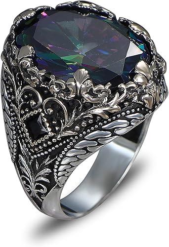 Mens Mystic Topaz Ring Victorian Style Statement Ring Silver Plated Stainless Steel Vintage Gothic Luxury Large Gemstone Ring for Men