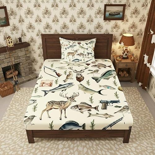 Erosebridal Hunting and Fishing Twin Bedding Set,Deer Hunting Fitted Sheet for Kids Boys Girls,Big Bass Pike Fish Bed Sheets,Rustic Cabin Lake House Bed Set 2Pcs Room Decor (No Flat Sheet)