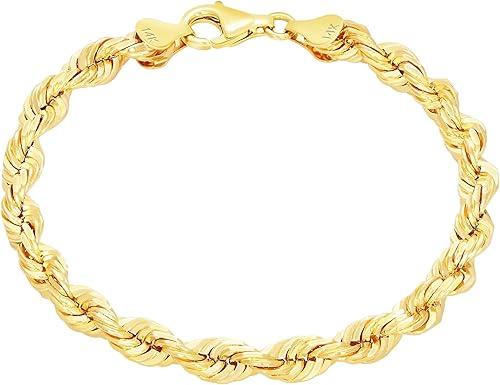 Nuragold 14k Yellow Gold 6mm Rope Chain Diamond Cut Bracelet (7"-9") Italian Jewelry for Men