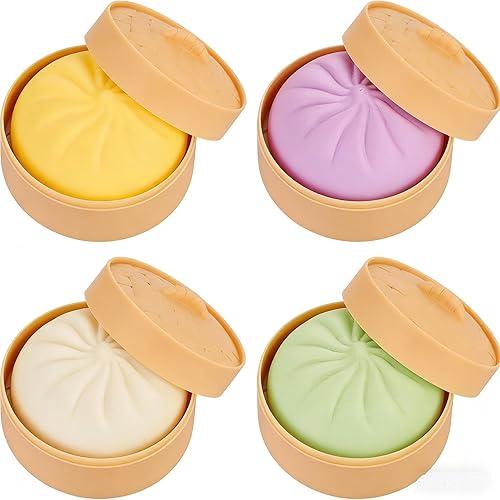 Dumpling Squishy, Giant Squishy Dumpling, Colorful Dumplings Stress Balls Slow Rising Sensory Fidget for Adults Stress Relief, Squeeze Dough Ball Stress Relief with Steamer (4PC)