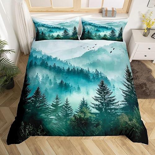 Erosebridal Foggy Mountain Bedding Set Full Green Forest Pine Tree Duvet Cover Nature Misty Woodland Comforter Cover for Kids Boys Girls,Flying Bird Bed Set