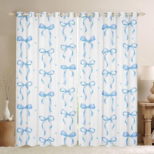Feelyou Girls Bow Curtains for Bedroom Living Room Blue Bowknot Blackout Darkening Drapes Coquette Aesthetic Window Treatments, 2 Panels 52 x 90 Inch Kawaii Cute Princess Style Room Decor