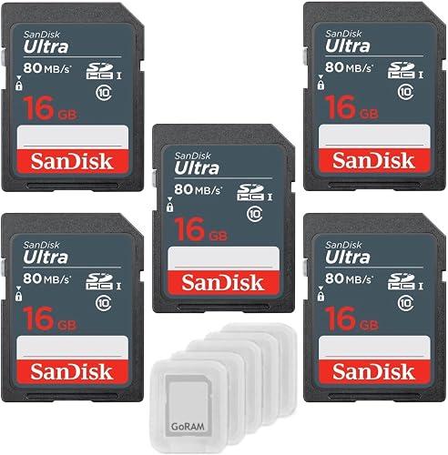 SanDisk 16GB Ultra SDHC UHS-I Class 10 Memory Card 80MB/s U1, Full HD, SD Camera Card SDSDUNS-016G-GN3IN (5 Pack) Bundle with (5) GoRAM Plastic Cases