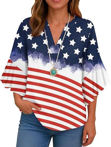 Women's American Flag Shirt, 250Th Anniversary USA Shirt, 3/4 Sleeve V Neck Patriotic Tops, S-2XL