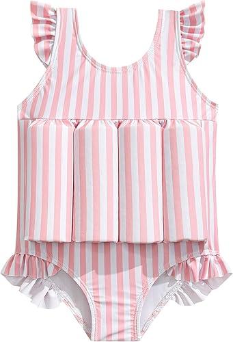 IDOPIP Toddler Girls Striped Floatation Swimsuit Baby Float Suit Swim Vest with Buoyancy Floaties One Piece Bathing Suit 4-7T