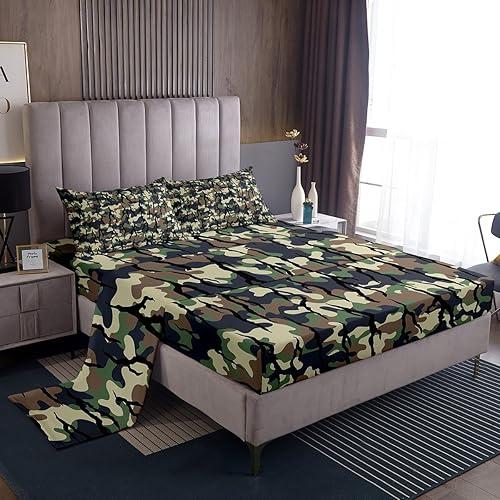 Camouflage Bed Sheets Set Queen Size Rustic Farmhouse Camo Bed Set for Kids Boys Girls Cabin Hunting Army Black Green Deep Pocket Fitted Sheet Military Style Breathable Soft Lightweight Microfiber