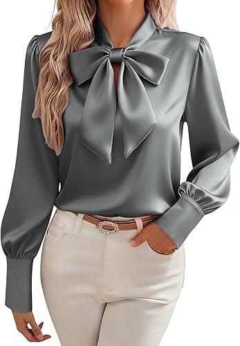 Women's Bow Tie Neck Satin Shirts Long Sleeve Elegant Silk Blouses Dressy Casual Business Work Tops
