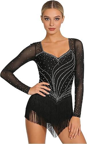 Shinsto Women's Long Sleeve Latin Dance Costume Tango Jazz Dance Dress Rhythmic Gymnastics Leotards