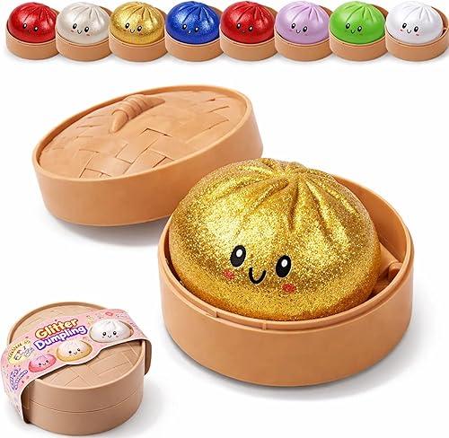 Dumpling Squishy, Glitter Squishy Dumpling, Cute Dumplings Squishiest with Steamer Box, Stress & Anxiety Relief Toys for Adults Non-Edible (Gold)
