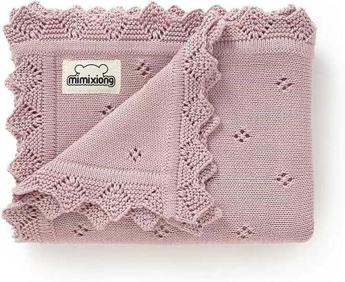 mimixiong Cotton Baby Blanket Knitted Crochet Receiving Crib Nursery Swaddling Blankets for Newborn Baby Boy Girl with The Bunny Rattle (Dreamy Lilac)