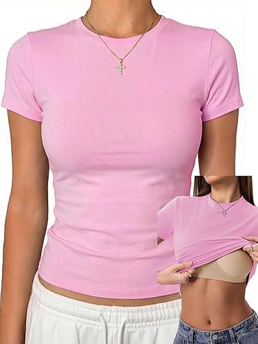 Danysu Nude Built in Bra Cotton Jersey T Shirt No See Through Stretchy Lightweight Fitted Everyday Basic Tops Gym Workout Tee