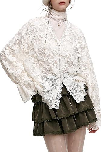 Women's Lace Long Sleeve Blouse - Romantic Cottagecore V-Neck Top, Elegant Loose Fit Floral Lace Tops for Spring