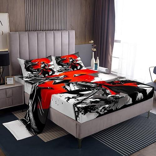 Feelyou Kids Samurai Bed Sheets Set Full Size, Japanese Samurai Sheet Set Warrior Bushido Sheets with Deep Pocket Fitted Sheet for Boys Girls Black Dragon Bedding Set Microfiber Soft Bed Set